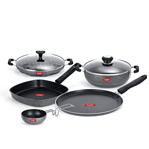 Sumeet NonStick Goal Cookware Set (Dosa Tawa-26.5Cm Dia+Kadhai with Glass Lid-2Ltr-22Cm Dia+Grill Appam Patra with Glass Lid-12 Cavity-22cm Dia+Grill Pan-22cm Dia+Tadka pan-190Ml-10Cm Dia)