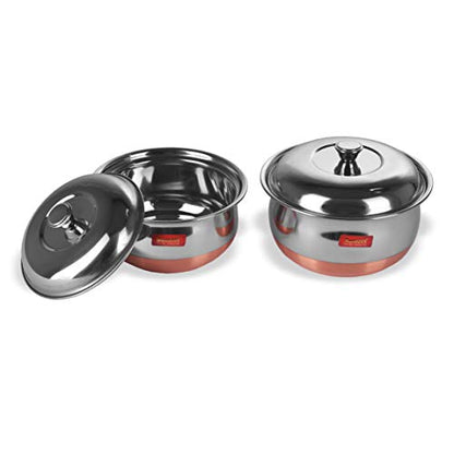 Sumeet Stainless Steel Copper Bottom Multipurpose Cook & Serve Handi with Lid - 2 Pcs Set (1.1 LTR, 1.3 LTR)