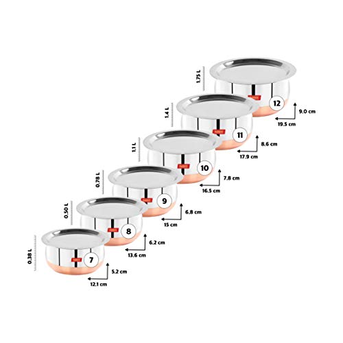 Sumeet Stainless Steel Copper Bottom Belly Shape 6 Pc Tope / Cookware/ Pot Set with Lid 380ML, 500ML, 780ML, 1.1Ltr, 1.4Ltr, 1.75Ltr (Silver)