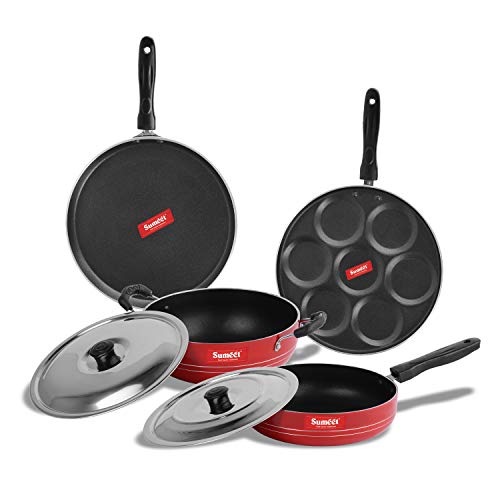 Sumeet 2.6mm Thick Non-Stick Rato Cookware Set (Dosa Tawa – 26.5cm Dia + Multi Snack Maker – 26.5cm Dia + Kadhai with Lid – 1.5Ltr Capacity- 20cm Dia + Fry pan – 1.5Ltr Capacity – 21cm Dia)