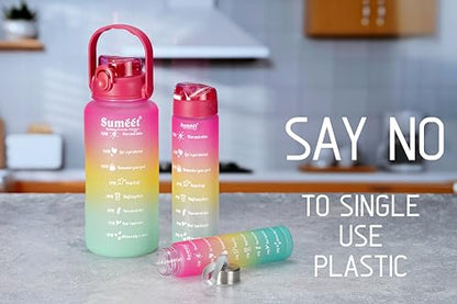 Sumeet Leak Proof Motivational/Inspire-Hydrate Water Bottle combo with Straw & Time Marker for Office/School/College/Gym/Picnic/Out Door Sports - 300ml, 700ml & 1850ml Set of 3, Pink