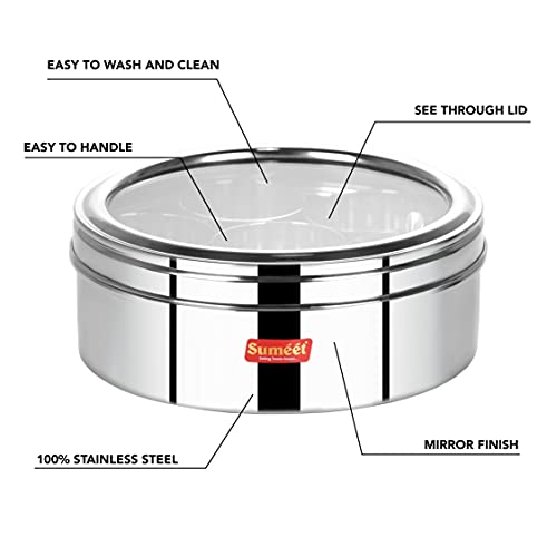 Sumeet Stainless Steel Round Masala (Spice) Box/Organiser with See Through Lid With 7 Containers and Small Spoon Size 11 (1.5Ltr) (18.5cm)