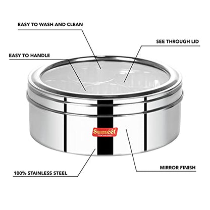 Sumeet Stainless Steel Round Masala (Spice) Box/Organiser with See Through Lid With 7 Containers and Small Spoon Size 13 (2.5Ltr) (22.5cm)