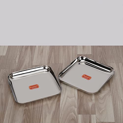 Sumeet Stainless Steel Medium Square Shape Plate/Snacks Plate/Breakfast Plate Set of 2pcs, 22.5cm Dia, Silver