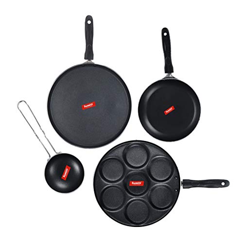 Sumeet NonStick Zwart Cookware Set (Dosa Tawa - 26.5Cm Dia + Multi Snack Maker - 7 Cavity - 26.5Cm Dia + Tapper pan - 0.6Ltr - 20Cm Dia + Waghariya/Tadka pan - 190Ml - 10Cm Dia)