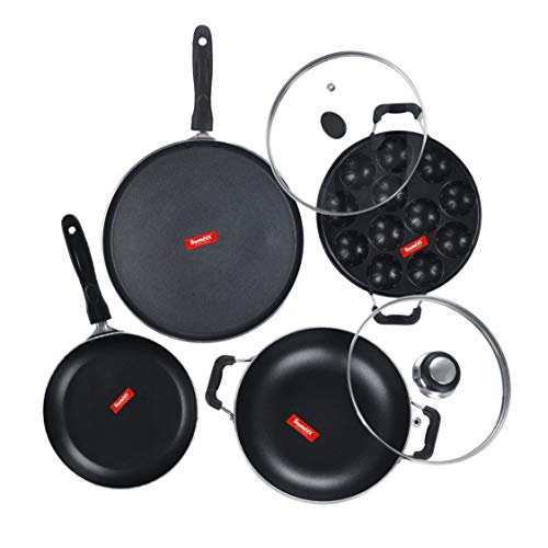 Sumeet NonStick Sort Cookware Set (Dosa Tawa - 26.5Cm Dia + Kadhai with Glass Lid -2Ltr - 22Cm Dia + Grill Appam Patra with Glass Lid - 12 Cavity - 22cm Dia + Tapper pan - 0.6Ltr - 20Cm Dia)