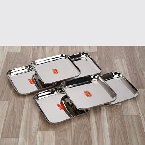 Sumeet Stainless Steel Medium Square Shape Plate/Snacks Plate/Breakfast Plate Set of 6pcs, 22.5cm Dia, Silver