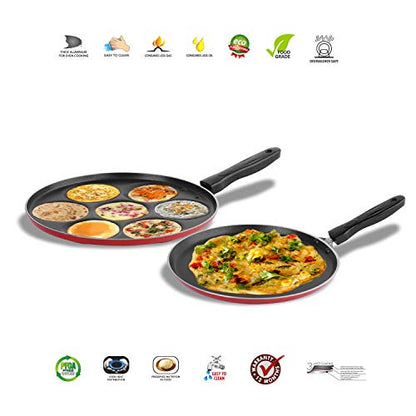 Sumeet 2.6mm Thick Non-Stick Red Set Go Cookware Set (Dosa Tawa – 26.5cm Dia + Multi Snack Maker – 26.5cm Dia)