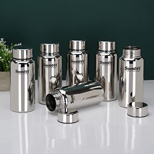 Sumeet Stainless Steel Jointless Akhand Leak-Proof Water Bottle / Fridge Bottle - 600ML Pack of 6, Silver