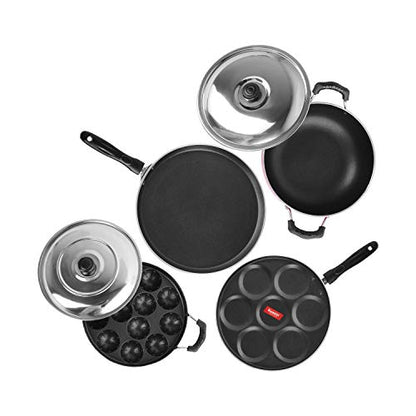 Sumeet 2.6mm Thick Non-Stick Shona Cookware Set (Dosa Tawa – 26.5cm Dia + Multi Snack Maker – 26.5cm Dia + Kadhai with Lid – 1.5Ltr Capacity- 20cm Dia + Grill Appam Patra with Lid – 23cm Dia)