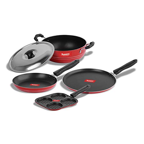 Sumeet 2.6mm Thick Non-Stick Rodze Cookware Set (Dosa Tawa – 26.5cm Dia + Mini Multi Snack Maker – 19.5cm Dia + Kadhai with Lid – 1.5Ltr Capacity- 20cm Dia + Tapper pan – 20cm Dia)