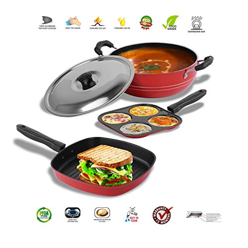 Sumeet 2.6mm Thick Non-Stick Rowan Combo Set (Mini Multi Snack Maker – 19.5cm Dia + Kadhai with Lid – 1.5Ltr Capacity- 20cm Dia + Grill Pan – 1.1Ltr Capacity – 22cm Dia)