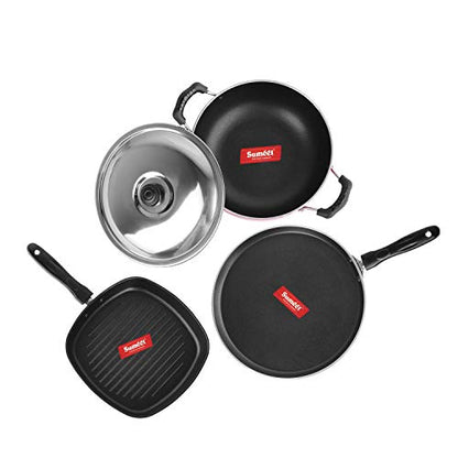 Sumeet 2.6mm Thick Non-Stick Cook Red Combo Set (Dosa Tawa – 26.5cm Dia + Kadhai with Lid – 1.5Ltr Capacity- 20cm Dia + Grill Pan – 1.1Ltr Capacity – 22cm Dia)