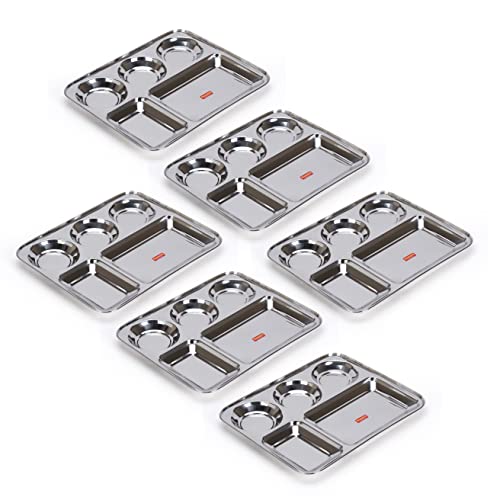 Sumeet Stainless Steel Rectangular 5 in 1 Compartment Lunch / Dinner Plate Set of 6Pcs, 37.4cm Dia, Silver