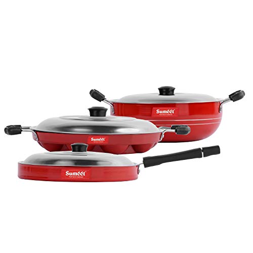 Sumeet 2.6mm Thick Non-Stick Kura Combo Set (Kadhai with Lid – 1.5Ltr Capacity- 20cm Dia + Grill Appam Patra with Lid – 23cm Dia + Pizza Pan – 23cm Dia)