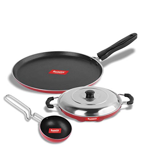 Sumeet 2.6mm Thick Non-Stick Roisin Combo Set (Dosa Tawa – 26.5cm Dia + Grill Appam Patra with Lid – 23cm Dia + Tadka Pan – 10cm Dia)