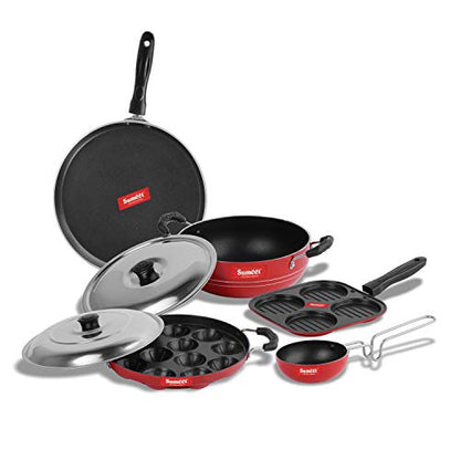 Sumeet 2.6mm Thick Non-Stick Solo Cookware Set (Dosa Tawa – 26.5cm Dia + Multi Snack Maker – 26.5cm Dia + Grill Appam Patra with Lid – 23cm Dia + Kadhai with Lid – 1.5Ltr + Tadka Pan – 10cm Dia)