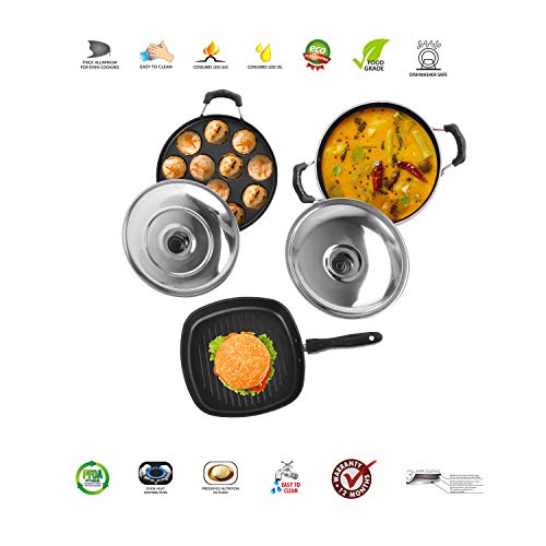 Sumeet 2.6mm Thick Non-Stick Jasper Combo Set (Kadhai with Lid – 1.5Ltr Capacity- 20cm Dia + Grill Appam Patra with Lid – 23cm Dia + Grill Pan – 1.1Ltr Capacity – 22cm Dia)