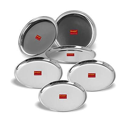 Sumeet Stainless Steel Heavy Gauge Shallow Dinner Plates with Mirror Finish 28.3cm Dia - Set of 6pc