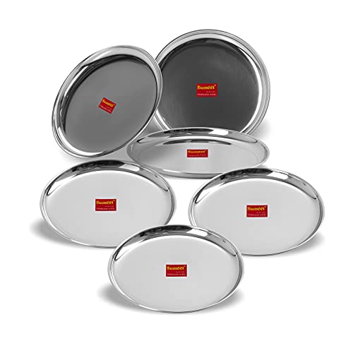 Sumeet Stainless Steel Heavy Gauge Shallow Dinner Plates with Mirror Finish 31cm Dia - Set of 6pc