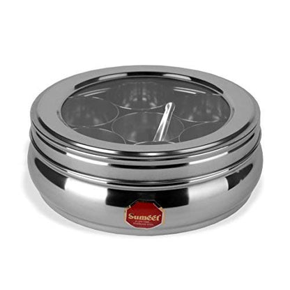 Sumeet Stainless Steel Belly Shape Masala (Spice) Box/Dabba/Organiser with See Through Lid with 7 Containers and Small Spoon