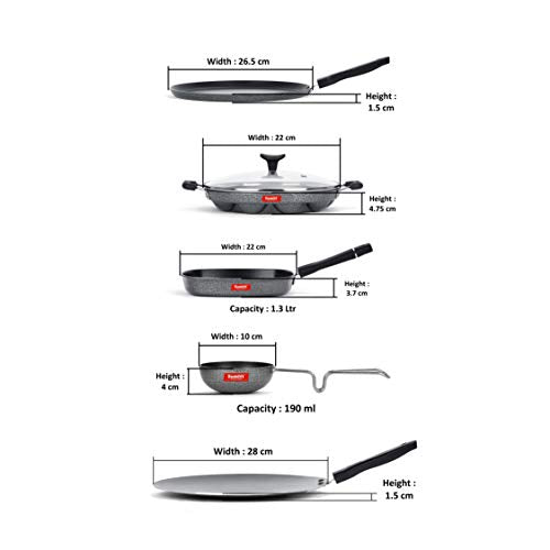 Sumeet NonStick Czarny Cookware Set (Dosa Tawa-26.5Cm Dia+Grill Appam Patra with Glass Lid-12 Cavity-22cm Dia+Grill Pan-22cm Dia+Waghariya/Tadka pan-190Ml-10Cm Dia+Conceve/Roti Tawa-28Cm Dia)