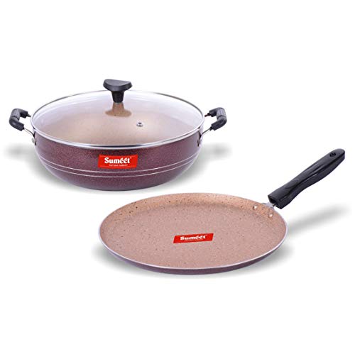 Sumeet Nonstick Granite Finish Popular 2pc Combo Set (Dosa Tawa - 26.5cm Dia + Kadhai with Glass Lid - 2.5 LTR Capacity - 24.5cm Dia)