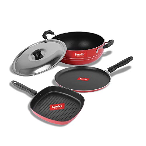 Sumeet 2.6mm Thick Non-Stick Cook Red Combo Set (Dosa Tawa – 26.5cm Dia + Kadhai with Lid – 1.5Ltr Capacity- 20cm Dia + Grill Pan – 1.1Ltr Capacity – 22cm Dia)