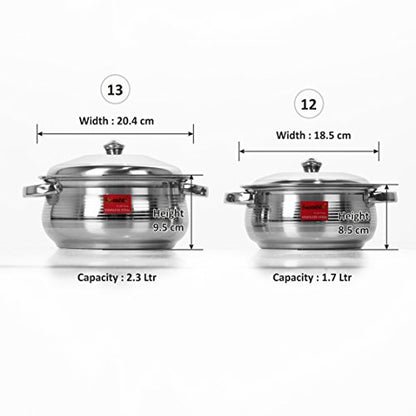 Stainless Steel Belly Shape Container/ Handi Set 2 Pcs with Induction & Gas Stove Friendly+Lids