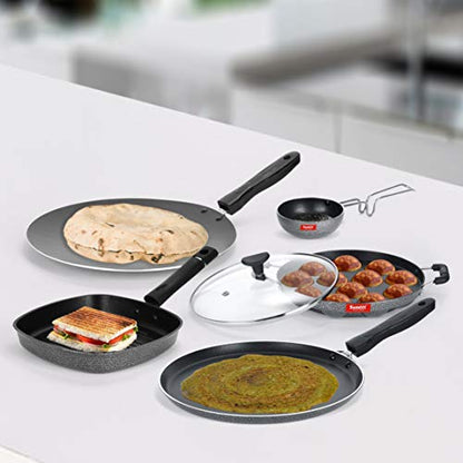 Sumeet NonStick Czarny Cookware Set (Dosa Tawa-26.5Cm Dia+Grill Appam Patra with Glass Lid-12 Cavity-22cm Dia+Grill Pan-22cm Dia+Waghariya/Tadka pan-190Ml-10Cm Dia+Conceve/Roti Tawa-28Cm Dia)