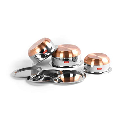 Sumeet Stainless Steel Copper Bottom Belly Shape 3 Pc Tope / Cookware/ Pot Set with Lid 380ML, 500ML, 780ML, (Silver)