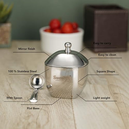 Sumeet Stainless Steel Square Shape Ghee and Oil Pot, Storage Container with Spoon for Kitchen, 6.5cm Dia, 160ML - Silver (Pack of 2)