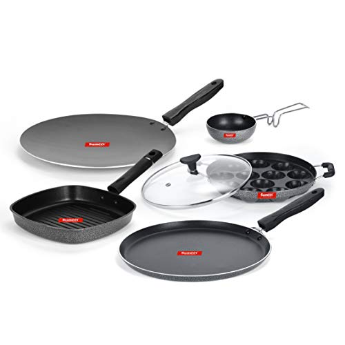 Sumeet NonStick Czarny Cookware Set (Dosa Tawa-26.5Cm Dia+Grill Appam Patra with Glass Lid-12 Cavity-22cm Dia+Grill Pan-22cm Dia+Waghariya/Tadka pan-190Ml-10Cm Dia+Conceve/Roti Tawa-28Cm Dia)