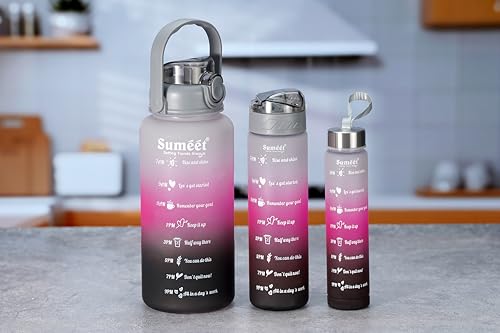 Sumeet Leak Proof Motivational/Inspire-Hydrate Water Bottle combo with Straw & Time Marker for Office/School/College/Gym/Picnic/Out Door Sports - 300ml, 700ml & 1850ml Set of 3, Grey