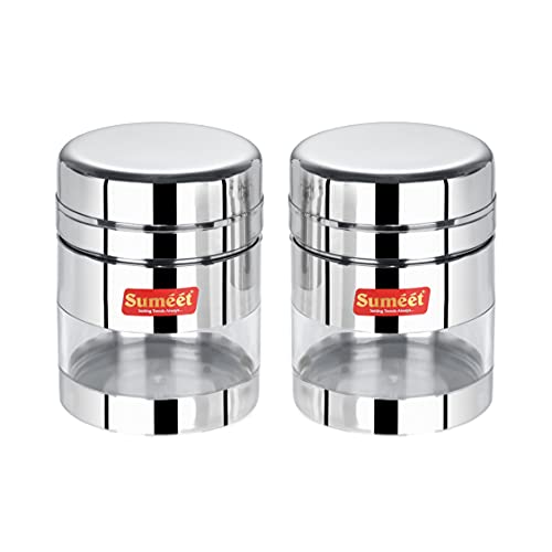 Sumeet Stainless Steel Circular See Through / Transparent Container, Set of 2Pc, 800 Ml each, 10cm Dia, Silver