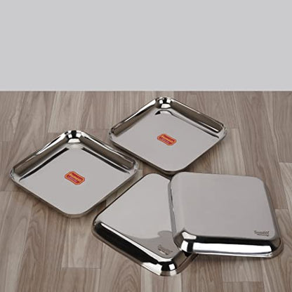 Sumeet Stainless Steel Medium Square Shape Plate/Snacks Plate/Breakfast Plate Set of 4pcs, 22.5cm Dia, Silver