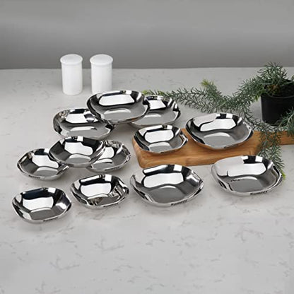 Sumeet Stainless Steel Small Apple Square Shape Plate/Dessert Plate/Halwa Plate Combo Set of 12pcs, 10.5cm & 11.5cm Dia, 170ML & 225ML (Each 6pcs) - Silver