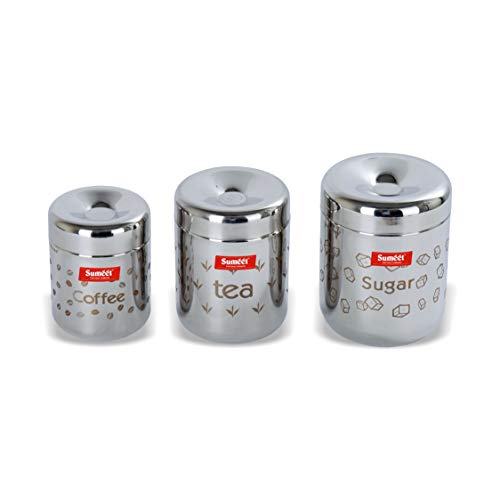 Sumeet Stainless Steel Laser Printed Tea, Cofee, Sugar Canisters Set of 3 (Capacity - Coffee - 300 ml, Tea 500 ml, Sugar 650ml)