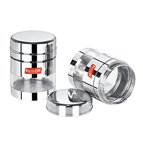 Sumeet Stainless Steel Circular See Through / Transparent Container, Set of 2Pc, 800 Ml each, 10cm Dia, Silver