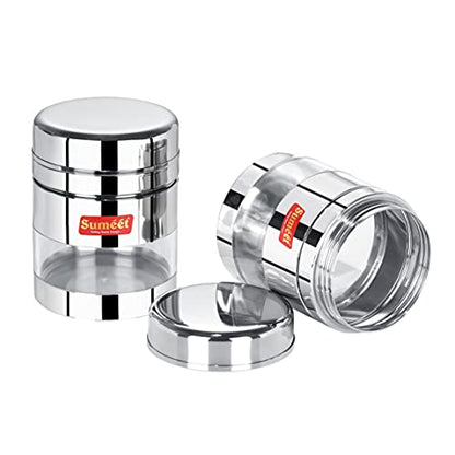 Sumeet Stainless Steel Circular See Through / Transparent Container, Set of 2Pc, 800 Ml each, 10cm Dia, Silver