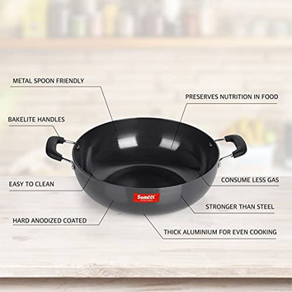 Sumeet 3mm Hard Anodized Aluminium Deep kadai, Large Size No.-16 (30.5cm Dia. 5.5 L Capacity, Black)