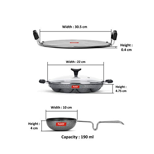 Sumeet NonStick Cinzento Cookware Set (Tawa-30.5cm Dia + Grill Appam Patra with Glass Lid - 12 Cavity - 22cm Dia + Waghariya/Tadka pan - 190Ml - 10Cm Dia)