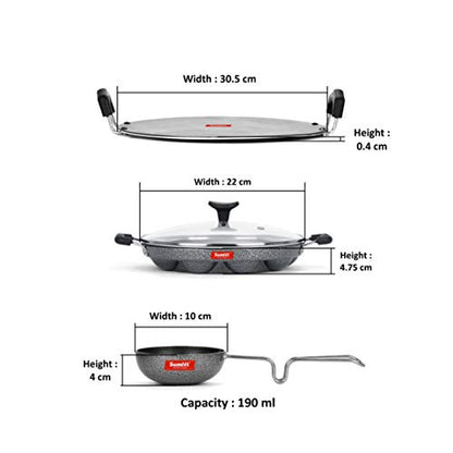 Sumeet NonStick Cinzento Cookware Set (Tawa-30.5cm Dia + Grill Appam Patra with Glass Lid - 12 Cavity - 22cm Dia + Waghariya/Tadka pan - 190Ml - 10Cm Dia)