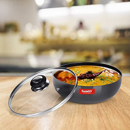 Sumeet 3mm Hard Anodized Deep Tasla with Glass Lid Size No. - 15 (28.5cm Dia. 4.5 LTR Capacity)