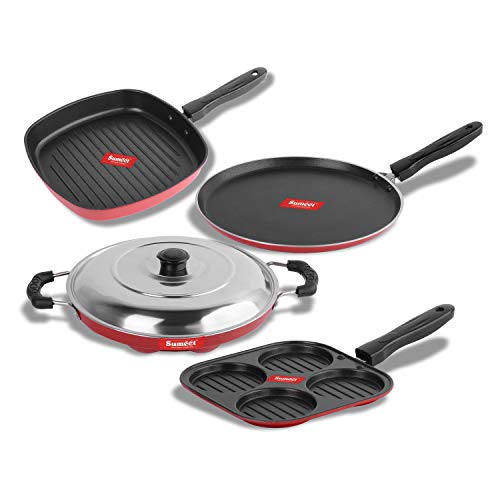 Sumeet 2.6mm Thick Non-Stick Esperanto Cookware Set (Dosa Tawa – 26.5cm Dia + Mini Multi Snack Maker – 19.5cm Dia + Grill Appam Patra with Lid – 23cm Dia + Grill Pan – 1.1Ltr Capacity – 22cm Dia)