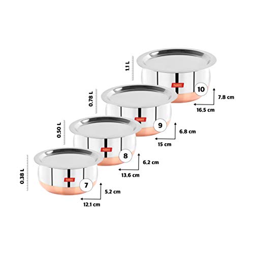 Sumeet Stainless Steel Copper Bottom Belly Shape 4 Pc Tope / Cookware/ Pot Set with Lid 380ML, 500ML, 780ML, 1.1Ltr, (Silver)