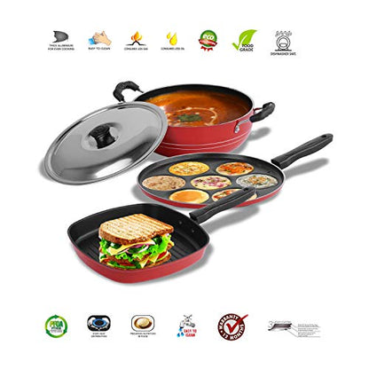 Sumeet 2.6mm Thick Non-Stick Go Red Combo Set (Multi Snack Maker – 26.5cm Dia + Kadhai with Lid – 1.5Ltr Capacity- 20cm Dia + Grill Pan – 1.1Ltr Capacity – 22cm Dia)