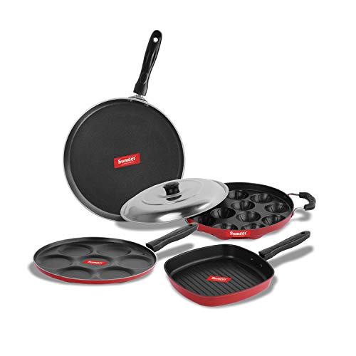 Sumeet 2.6mm Thick NonStick Sorrell Cookware Set (Dosa Tawa – 26.5cm Dia + Multi Snack Maker – 26.5cm Dia + Grill Appam Patra with Lid – 23cm Dia + Grill Pan – 1.1Ltr Capacity – 22cm Dia)