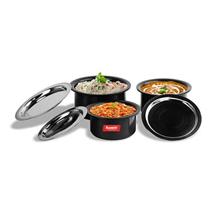 Sumeet Aluminium Cookware Set With Lid, 0.9 LTR, 1.4 LTR, 1.8 LTR, 5 Piece (Black)