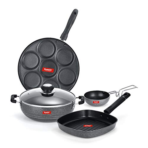 Sumeet NonStick Melns Cookware Set (Multi Snack Maker - 7 Cavity - 26.5Cm Dia + Kadhai with Glass Lid -2Ltr - 22Cm Dia + Grill Pan-22cm Dia + Waghariya/Tadka pan - 190Ml - 10Cm Dia)